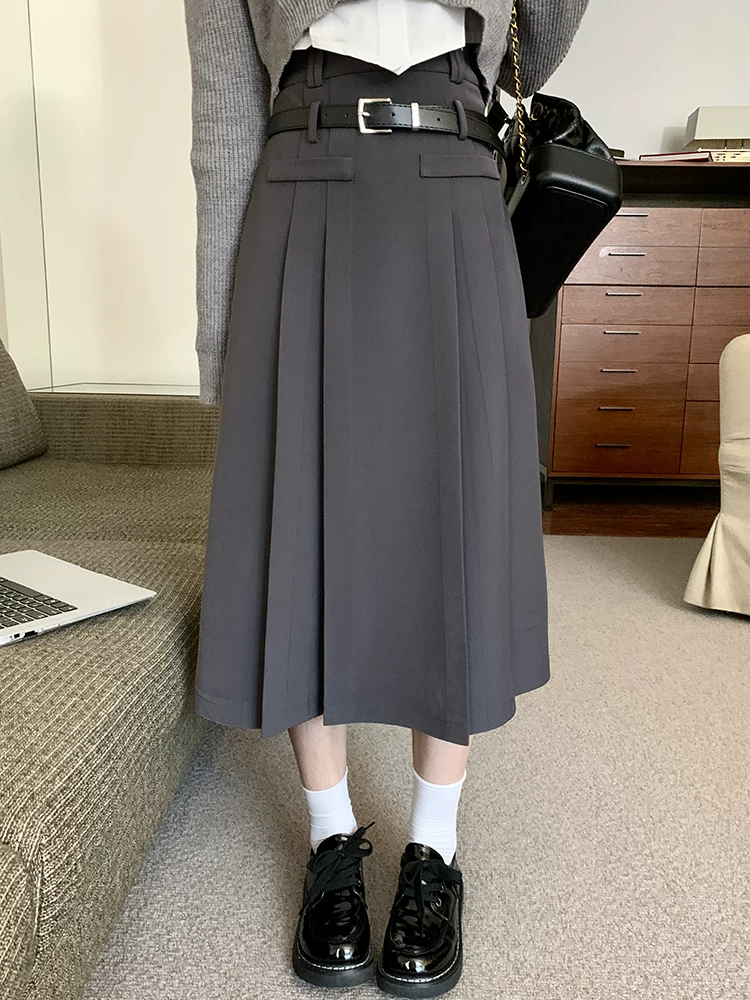 Váy midi màu xám kiểu vest cao cấp dành cho nữ, thiết kế dáng dài lưng cao, size lớn, kiểu dáng chữ A xếp ly, thích hợp cho mùa thu