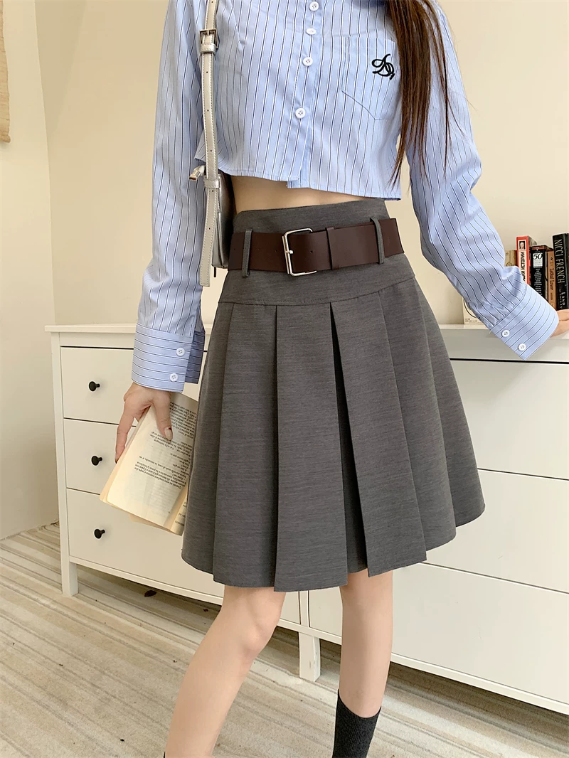 Váy xếp ly màu xám dành cho nữ, mùa thu đông, phong cách preppy, dáng chữ A, dài vừa phải, lưng cao, thiết kế độc đáo, váy nửa thân, váy dù.