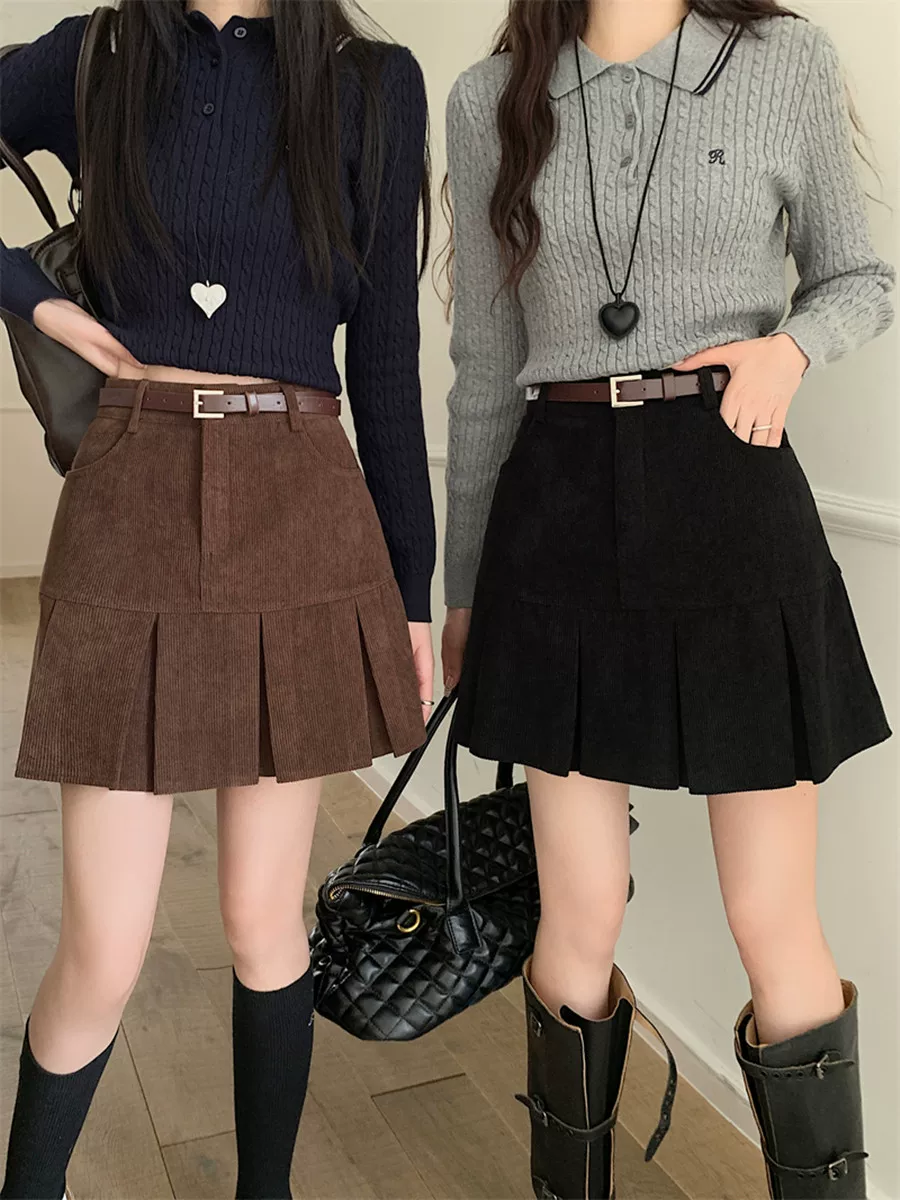 Váy nhung kẻ sọc nâu cỡ lớn dành cho nữ, váy ngắn kẻ sọc cổ điển lưng cao mùa thu đông, váy xếp ly dáng chữ A thời thượng.