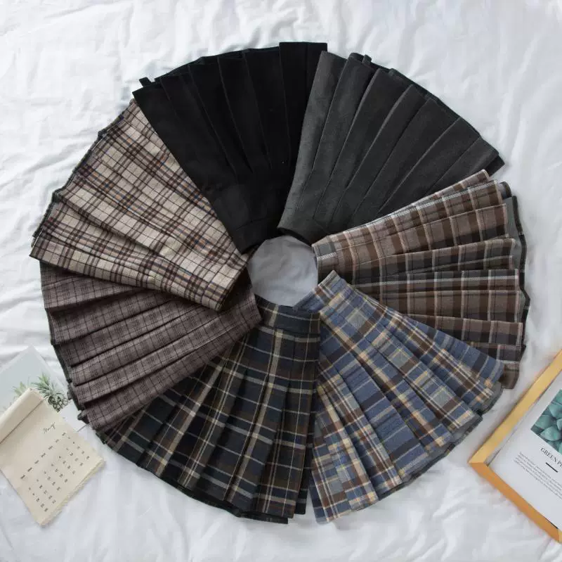 Váy xếp ly, váy kẻ sọc len cỡ lớn, váy chữ A che hông lưng cao dành cho nữ mùa thu đông, váy ngắn học sinh giảm béo