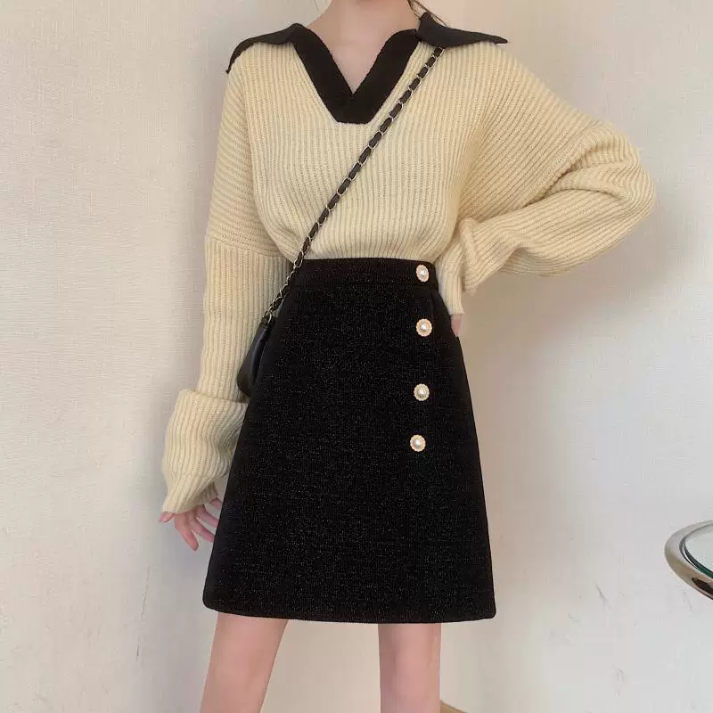 Váy len cạp cao dáng bất đối xứng dành cho nữ, size lớn, che hông, dáng chữ A, ngắn, tôn dáng, dành cho mùa thu đông.