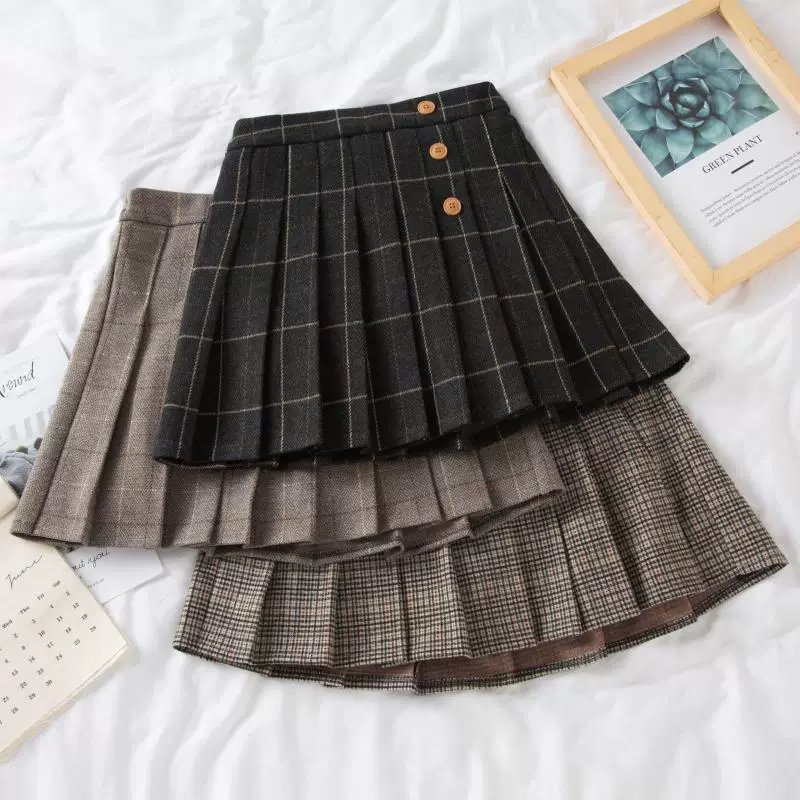 Váy len xếp ly cỡ lớn, váy ngắn, váy nửa thân cho nữ, mùa thu đông, giảm béo cho phụ nữ mũm mĩm, che hông, váy kẻ sọc dày, váy chữ A.