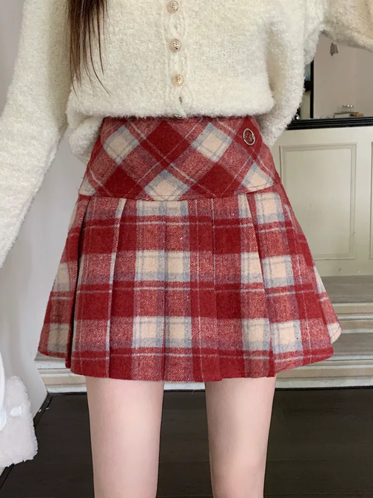 Váy len kẻ sọc đỏ cổ điển kiểu Mỹ dành cho nữ trong mùa thu đông, váy chữ A cạp cao tôn dáng, váy che hông, váy ngắn