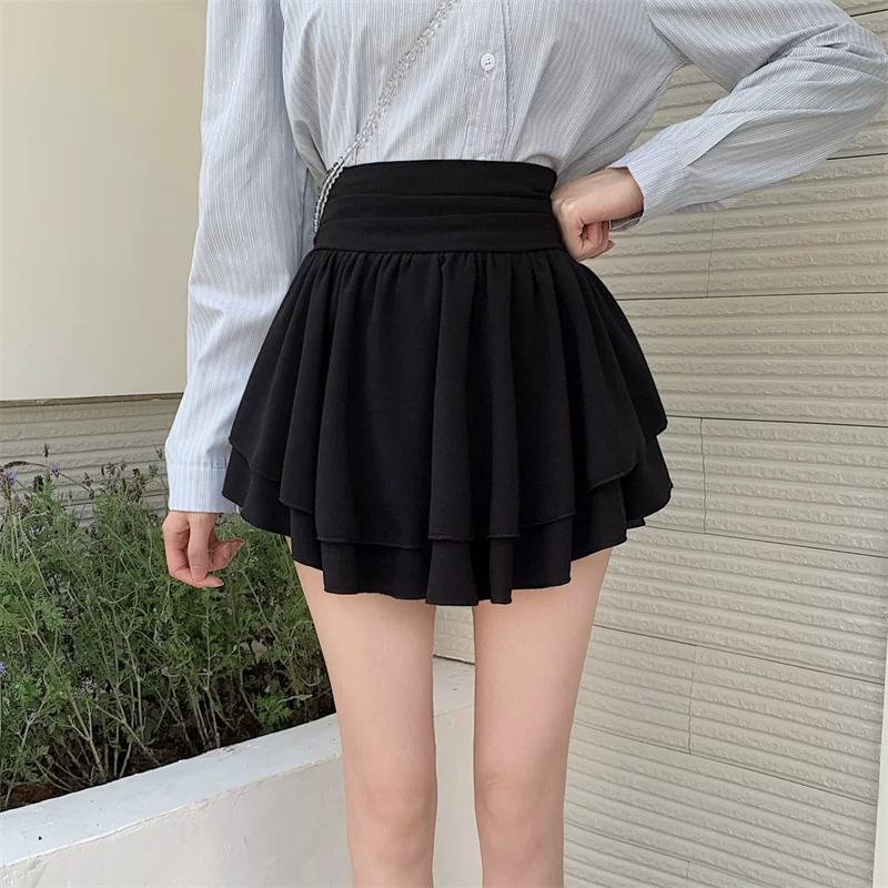 Váy xếp tầng xếp ly chữ A lưng cao bằng vải voan cỡ lớn mùa xuân hè 2023 váy phồng váy ngắn chống lộ váy nửa thân che hông