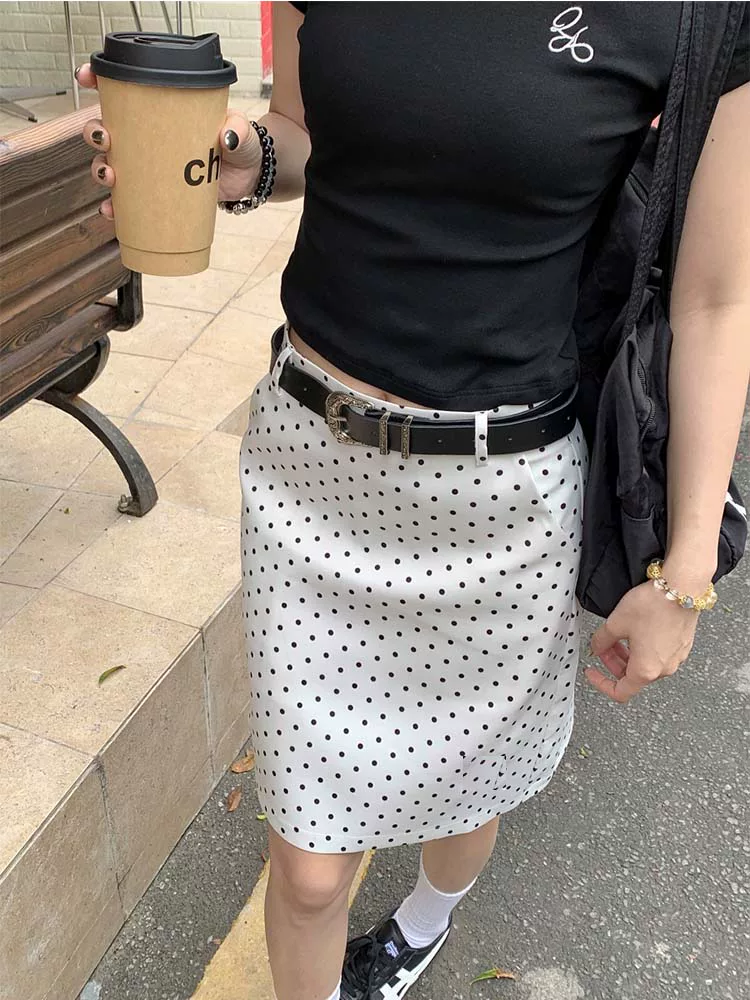 Váy midi chấm bi trắng, váy chữ A dáng ôm đa năng lưng cao mùa xuân hè mới, váy midi tôn dáng phong cách preppy.