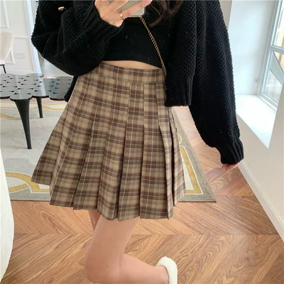 Váy xếp ly cho nữ, lưng cao, thu đông, cỡ lớn, phong cách Hàn Quốc, váy chữ A đa năng, váy ngắn, giảm béo, váy kẻ sọc JK, váy nửa thân.