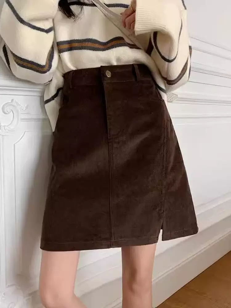 Váy midi nhung kẻ sọc cổ điển có đường xẻ bên màu cà phê cỡ lớn dành cho nữ, váy chữ A che hông mùa thu đông, váy ngắn ôm sát cơ thể cho cô gái béo