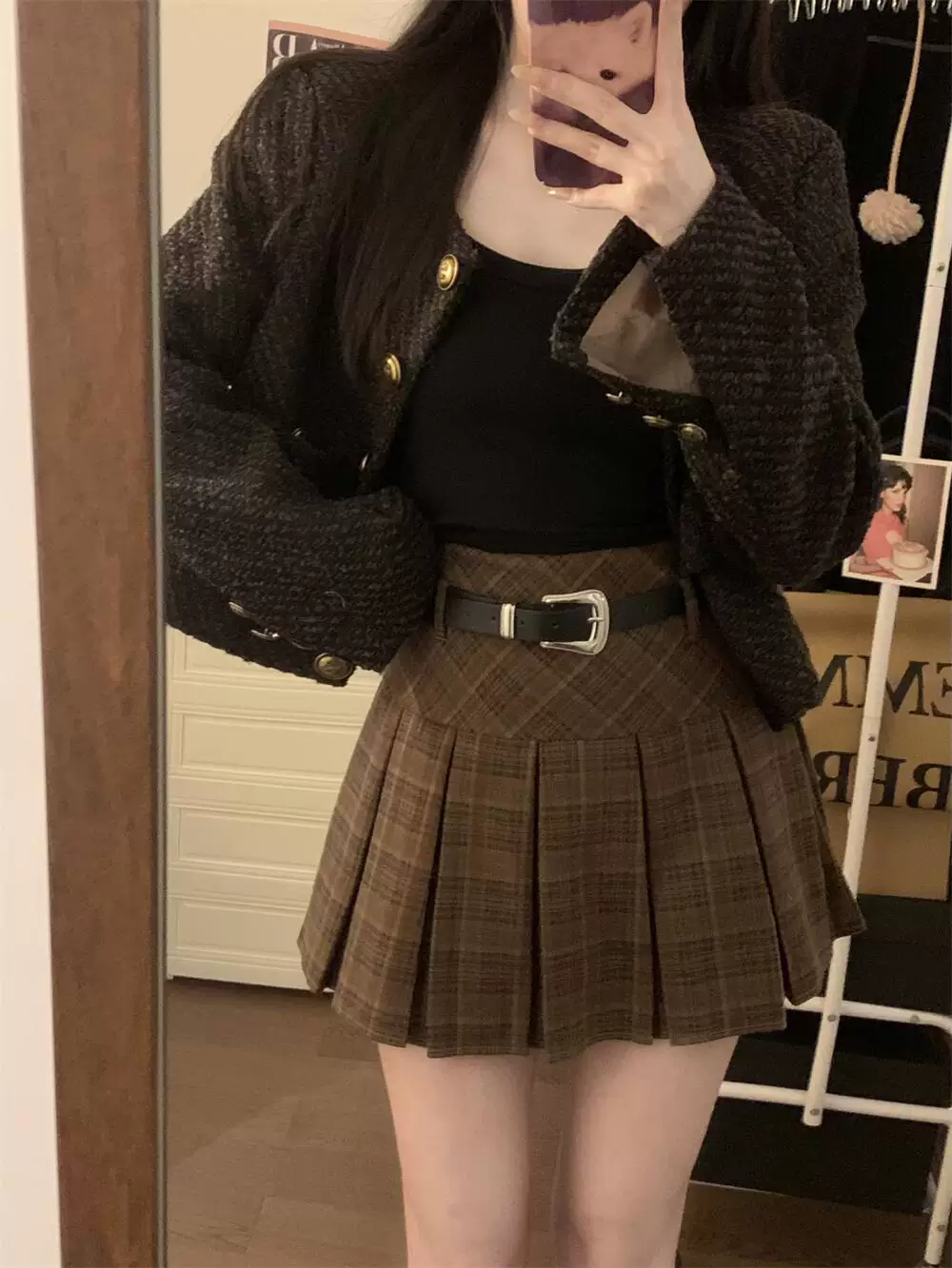 Váy kẻ sọc len cỡ lớn dành cho nữ, thiết kế thu đông, váy chữ A ôm hông, váy xếp ly chống lộ dành cho phụ nữ cỡ lớn, váy ngắn.