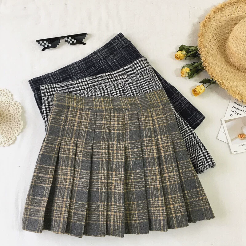 Váy len xếp ly cỡ lớn dành cho nữ, váy ngắn kẻ sọc xám mùa thu đông, lưng cao, phong cách học sinh, váy chữ A chống lộ, váy nửa thân.