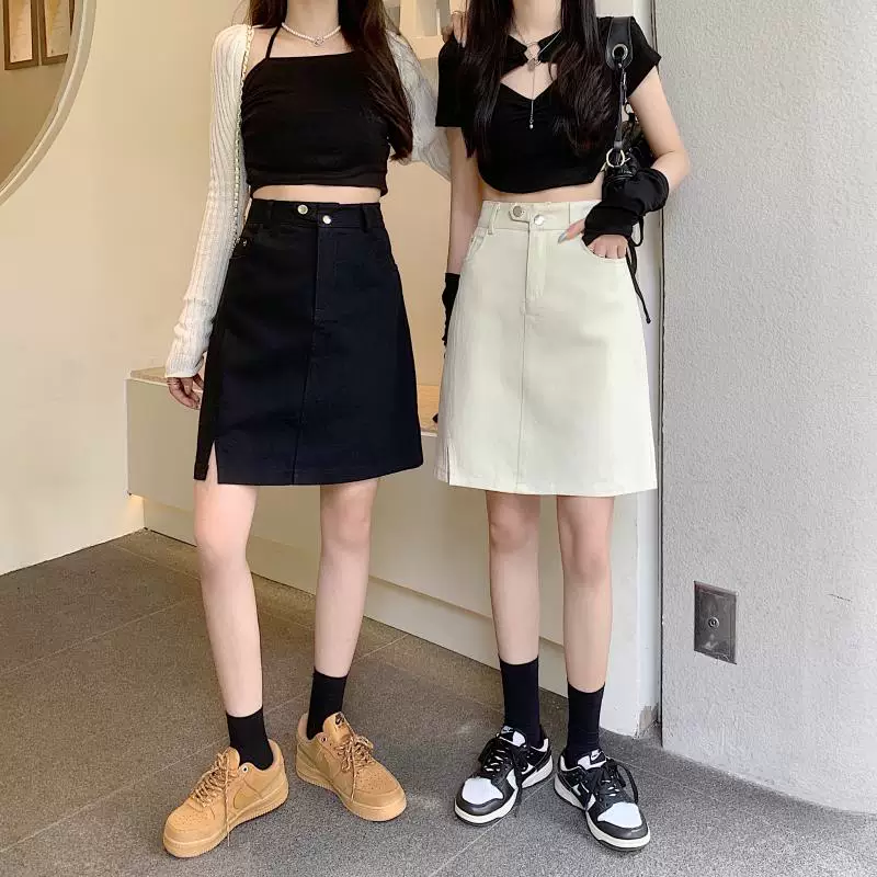 Váy midi denim xẻ tà size lớn cho nữ, kiểu dáng mới mùa hè, váy bút chì dáng chữ A đa năng, cạp cao, tôn dáng.