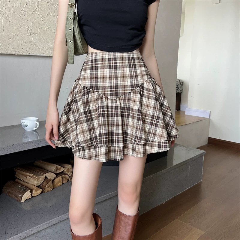 Váy tutu thiết kế cỡ lớn, váy kẻ sọc, váy xếp tầng lưng cao dành cho nữ, váy ngắn chữ A chống lộ tôn dáng