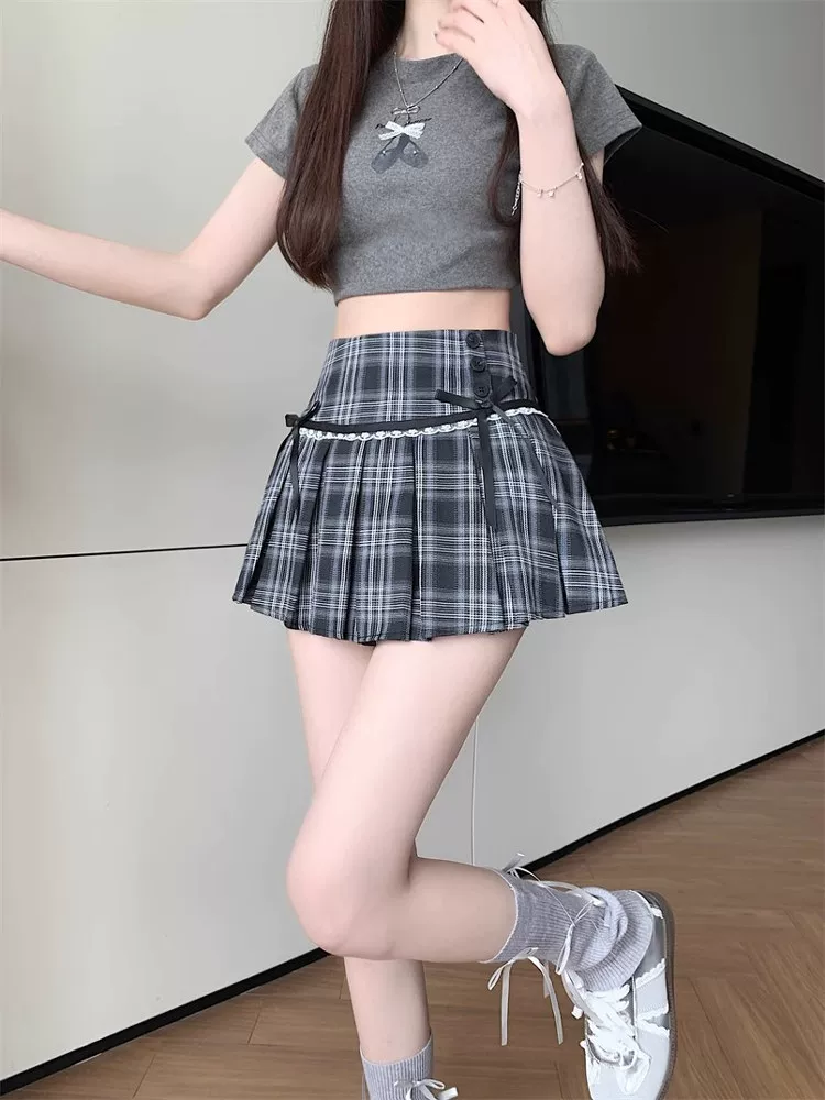 Váy xếp ly kẻ sọc đen kiểu Mỹ dành cho nữ, váy ngắn kẻ sọc thắt nơ lưng cao cỡ lớn mùa hè, váy chữ A chống lộ