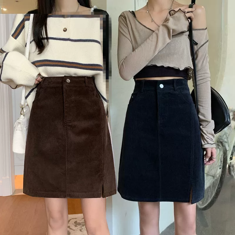 Váy nhung kẻ cao cấp, cạp cao, màu nâu dành cho nữ, kiểu dáng xẻ tà chữ A, dài qua gối, dáng ôm, tôn dáng, thích hợp cho mùa thu đông.