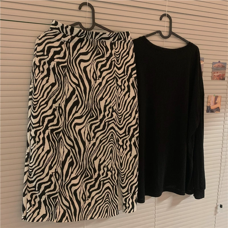 Váy xẻ tà dài vừa phải kiểu retro họa tiết ngựa vằn phong cách Hàn Quốc mùa hè lưng cao thon gọn đa năng kiểu chữ A dành cho nữ