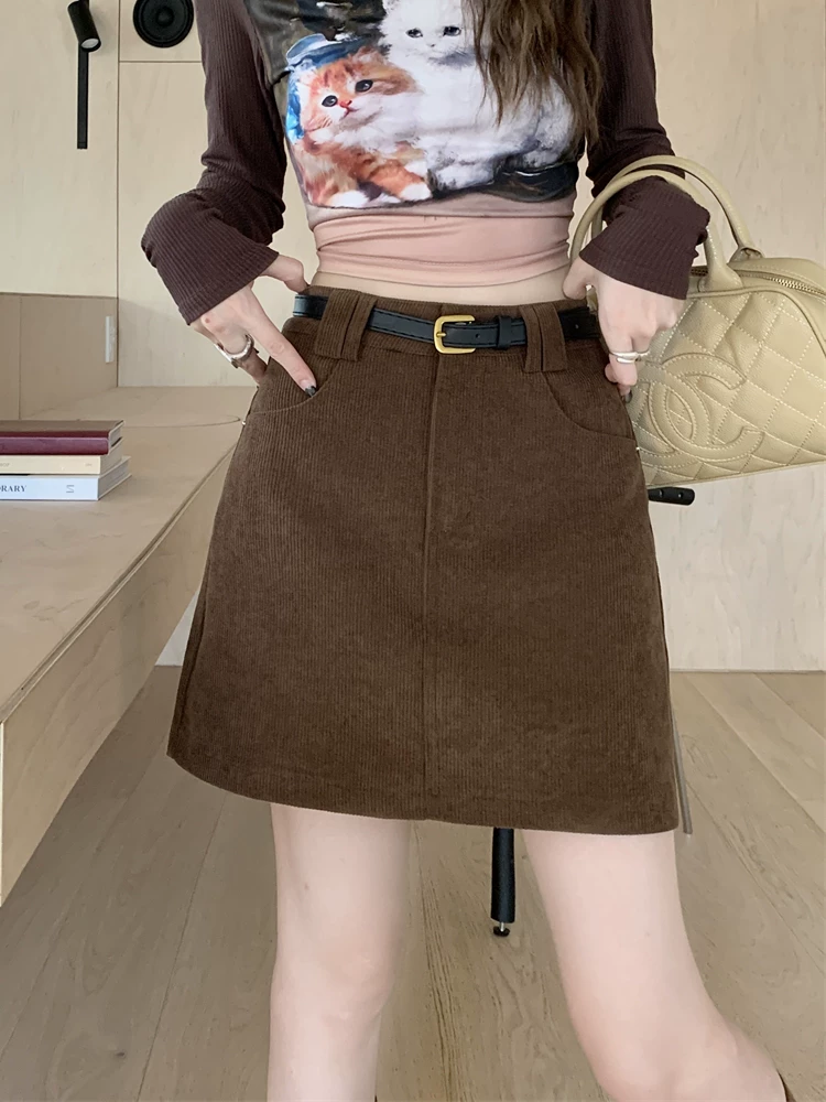 Váy nhung màu cà phê mùa thu đông dành cho nữ, váy cỡ nhỏ, thiết kế lưng cao, váy ôm dáng chữ A.