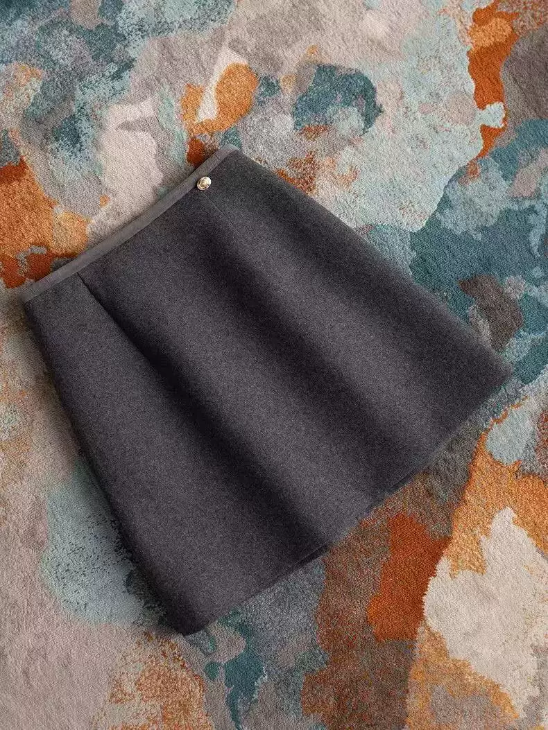 váy len màu xám đậm cỡ lớn dành cho nữ trong mùa thu đông váy chữ A cạp cao ôm hông váy đen váy ngắn chống lộ