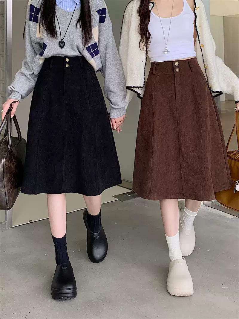 Váy nhung nâu cỡ lớn dành cho nữ, váy midi cạp cao che hông mùa thu đông, váy xòe chữ A tôn dáng.