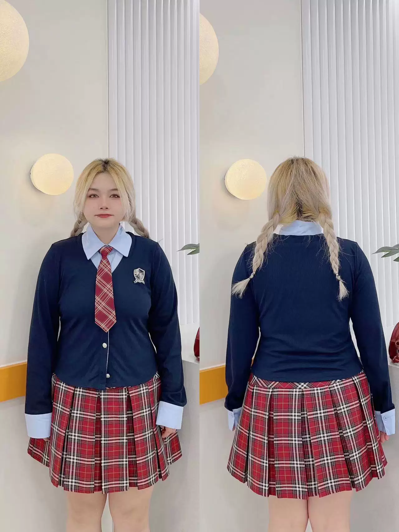 Váy xếp ly kẻ sọc đỏ cỡ lớn dành cho nữ, váy ngắn chữ A cạp cao theo phong cách cổ điển Mỹ, váy ngắn tôn dáng.