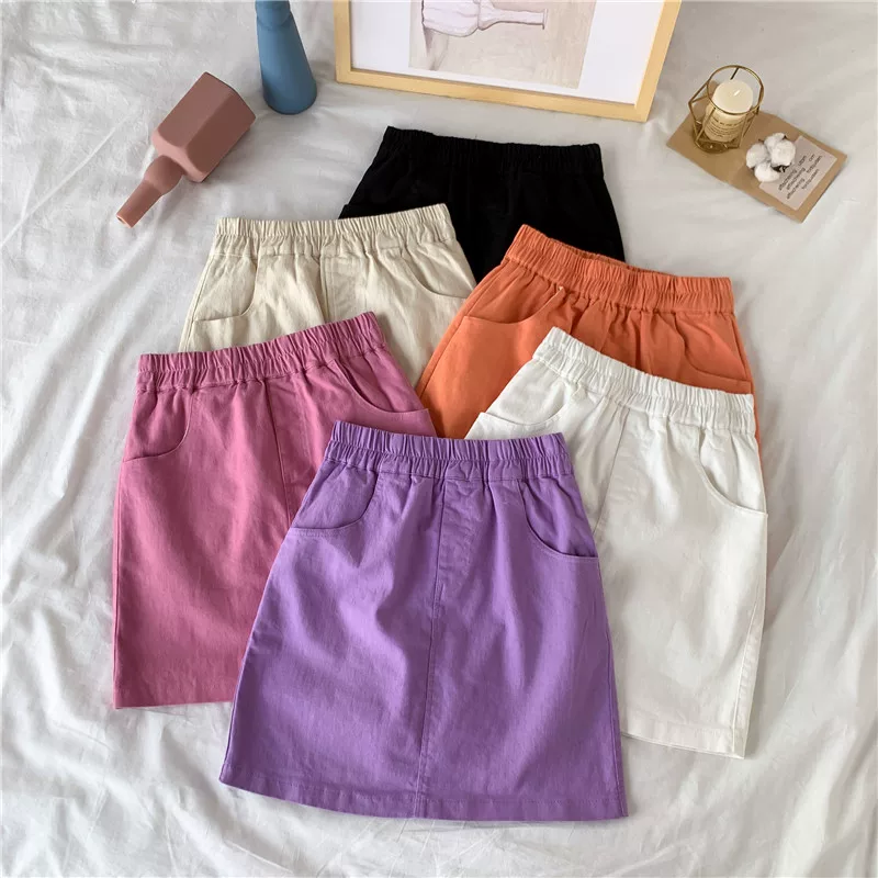 Váy tím cỡ lớn dành cho nữ, mùa hè 2021, váy ngắn chữ A lưng cao phong cách Hàn Quốc, váy ôm hông chống lộ.