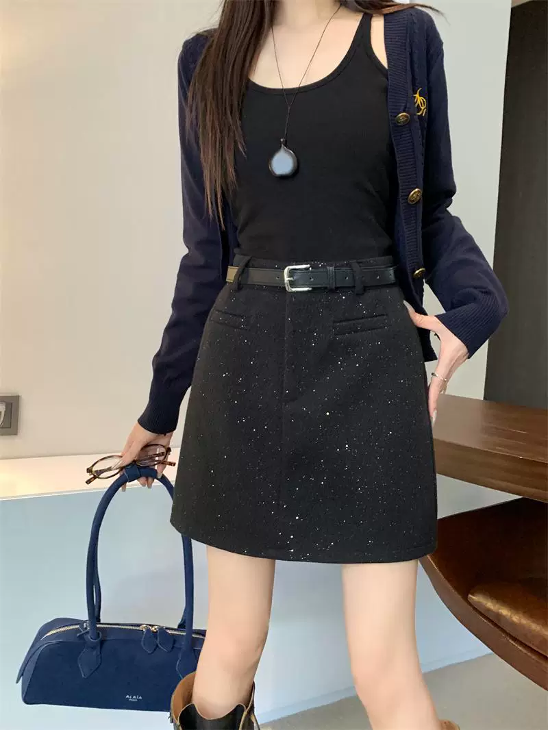 Váy len màu xám sáng bóng dành cho nữ, mùa thu đông, cỡ lớn, lưng cao, dáng nhỏ nhắn, váy ngắn đính sequin, váy bút chì dáng chữ A tôn dáng.