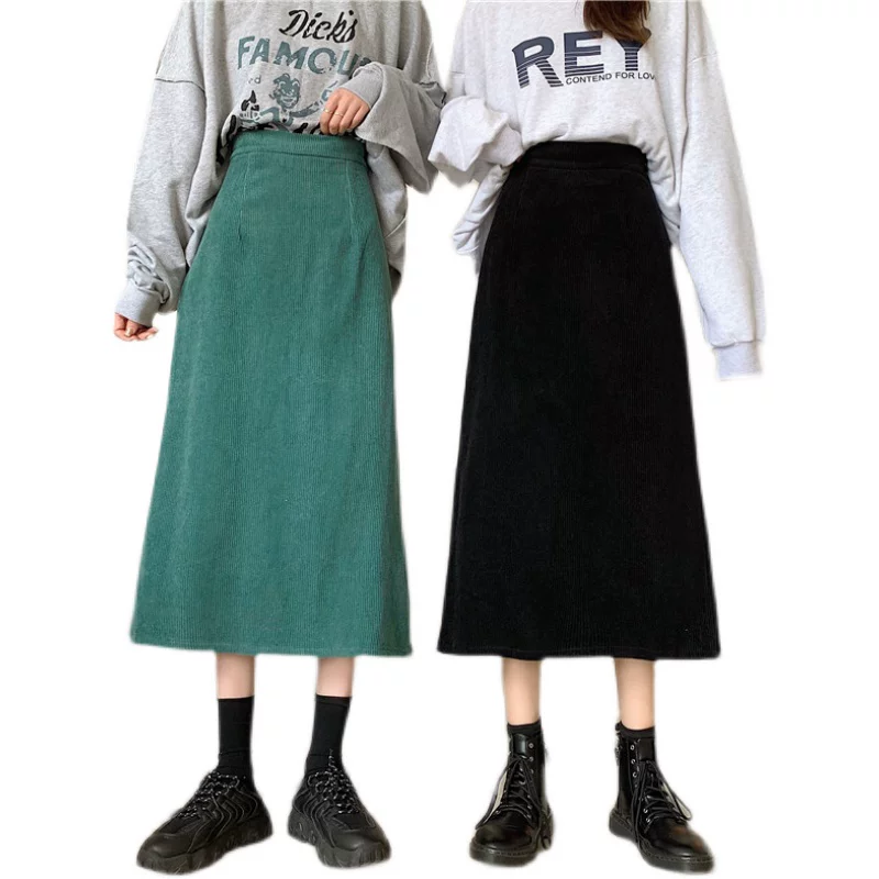 Váy midi nhung kẻ sọc cổ điển cỡ lớn dành cho nữ, mùa thu đông, kiểu ôm sát, tôn dáng, che hông, có xẻ tà, kiểu bút chì, váy dài.