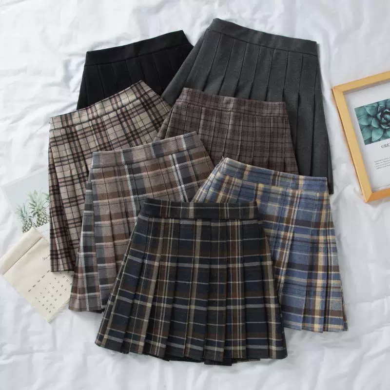 Váy xếp ly, váy kẻ sọc len cỡ lớn, váy chữ A che hông lưng cao dành cho nữ mùa thu đông, váy ngắn học sinh giảm béo