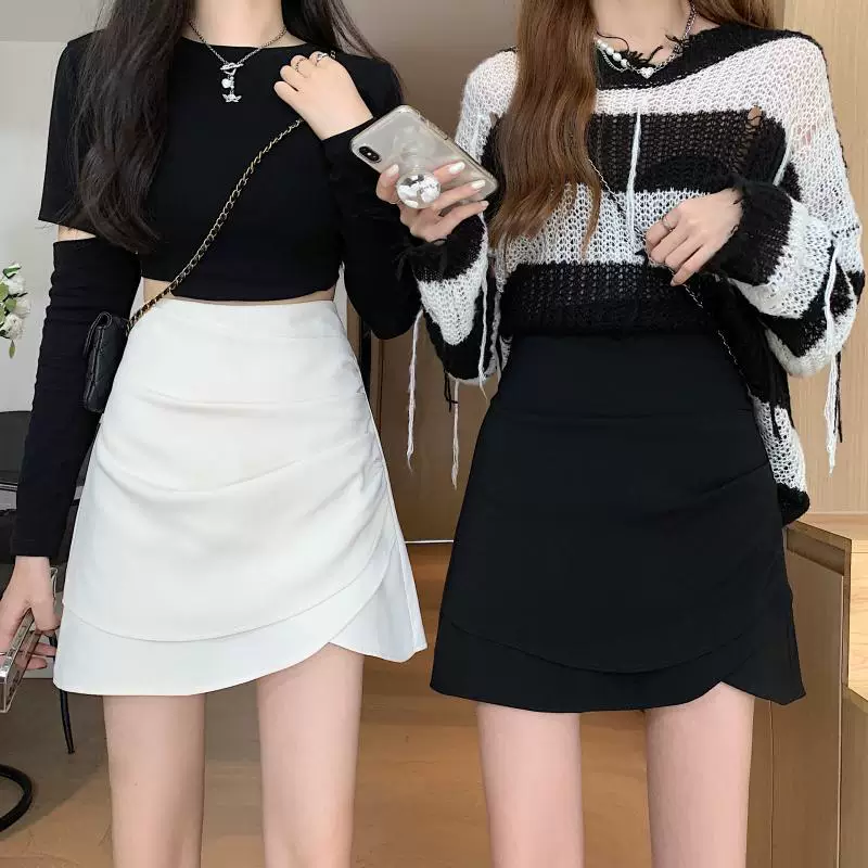 Váy xếp ly trắng không đều, thiết kế cỡ lớn, váy chữ A có xẻ tà, váy ôm hông, váy ngắn che bụng lưng cao mùa hè