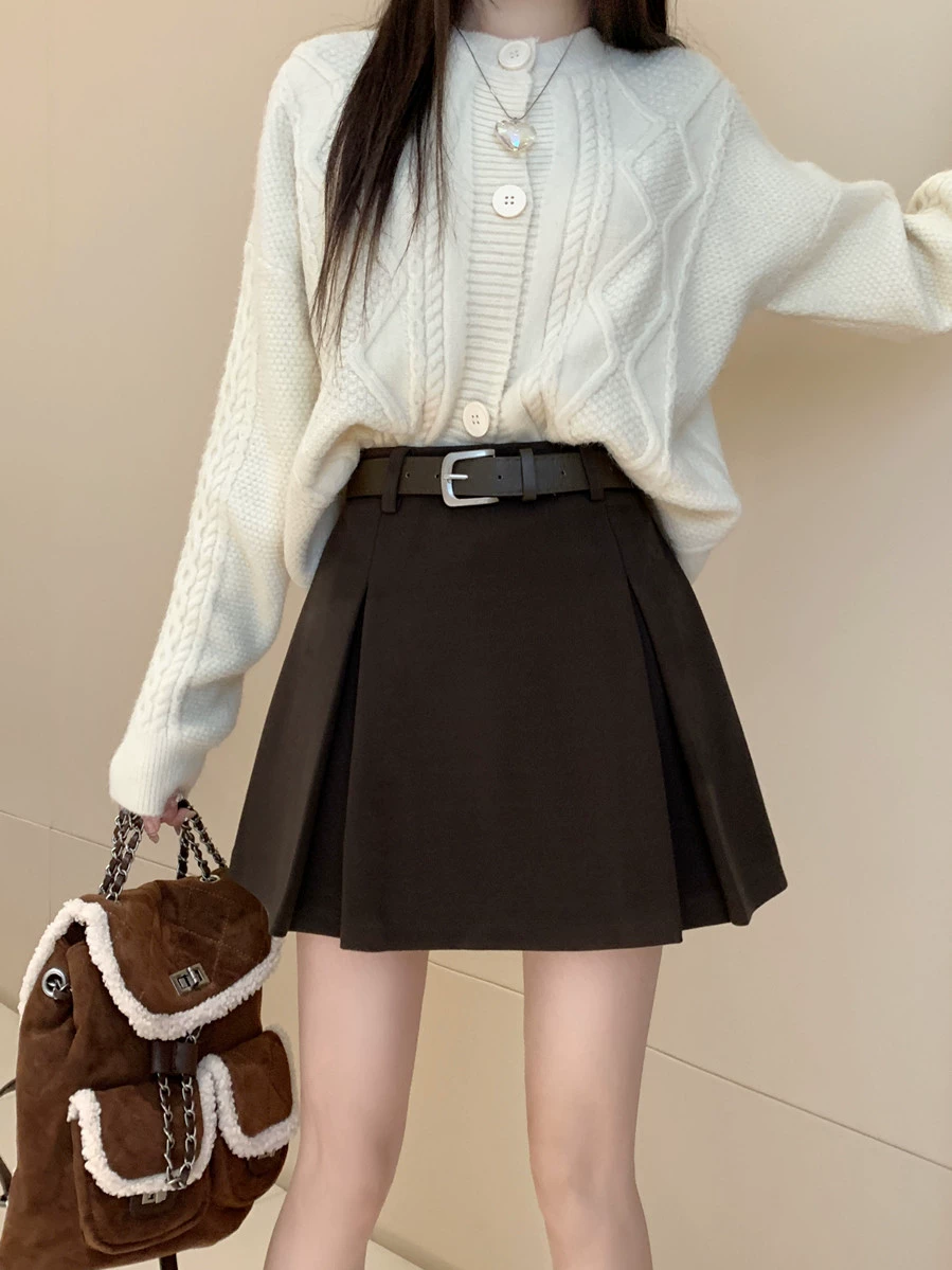 Váy len màu xám, thiết kế cỡ lớn mùa thu đông, váy ngắn dáng chữ A, váy xếp ly ôm hông màu cà phê cỡ nhỏ, cạp cao.