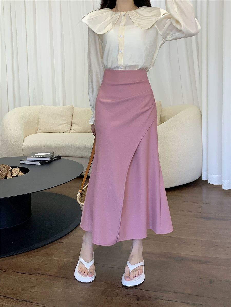 Thích hợp cho người có thân hình hình quả lê, váy đuôi cá màu hồng cỡ lớn mùa hè, váy dài chữ A tôn dáng cho phụ nữ cỡ lớn che hông.