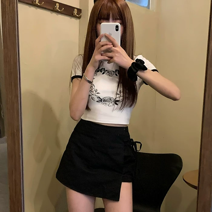 Váy ngắn dáng bất quy tắc, có tác dụng giảm béo, dành cho nữ, kiểu dáng cao eo, đa năng, phong cách BM, dành cho sinh viên, kiểu dáng chữ A, ôm hông, nửa thân.