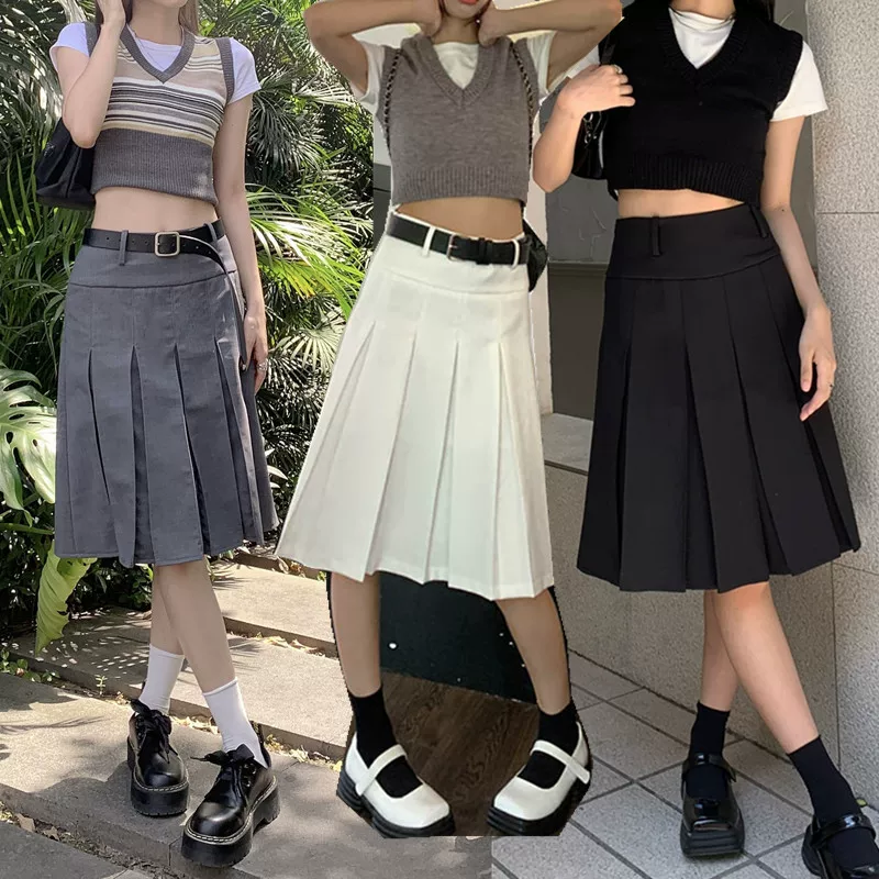 Váy xếp ly kiểu học sinh, cạp cao, size lớn cho nữ, màu xám, dáng chữ A, thiết kế tôn dáng mùa thu.