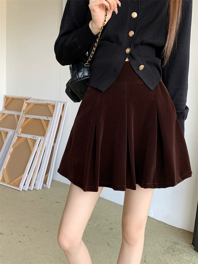 Váy nhung xòe lưng cao cỡ lớn dành cho nữ, giúp thon gọn, che hông, váy ngắn xếp ly chữ A, che bụng, quần váy chống lộ cho mùa đông.