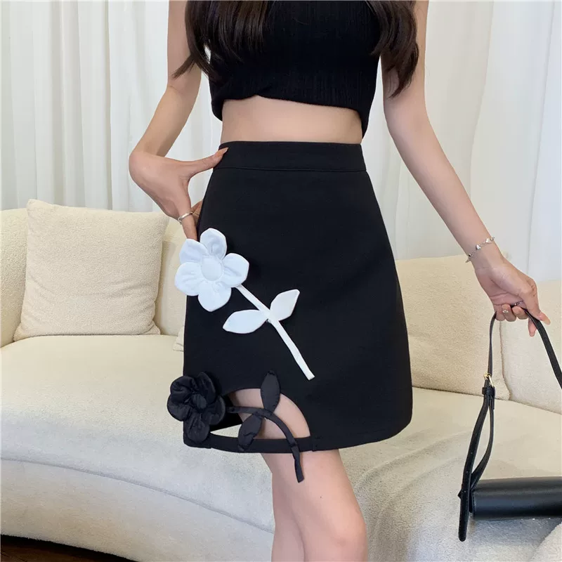 Váy ngắn hoa ba chiều theo phong cách retro, thiết kế tinh tế dành cho nữ, váy chữ A cạp cao mùa hè, váy nửa thân khoét lỗ tôn dáng.