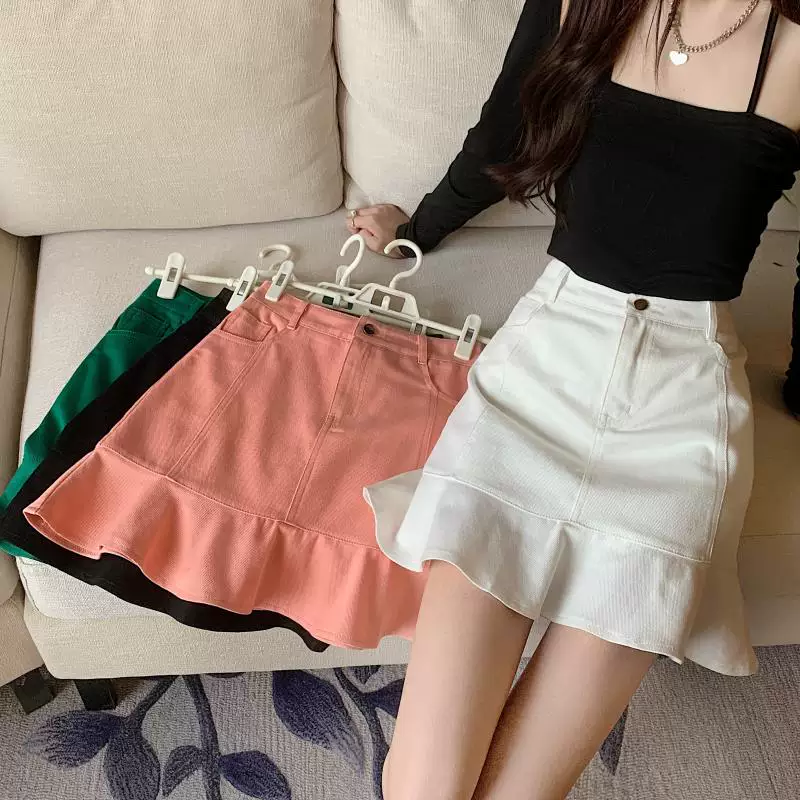 Váy denim hồng cỡ lớn dành cho nữ, váy đuôi cá xếp ly cao eo mùa hè, váy chữ A, váy mini ôm sát màu trắng tôn dáng.