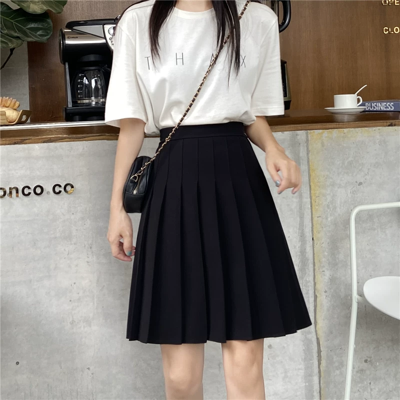 Váy xếp ly cỡ lớn, váy dài vừa phải dành cho nữ, mùa hè, dành cho phụ nữ mũm mĩm, eo co giãn, váy chữ A thon gọn, váy giữa kiểu JK, váy che hông.