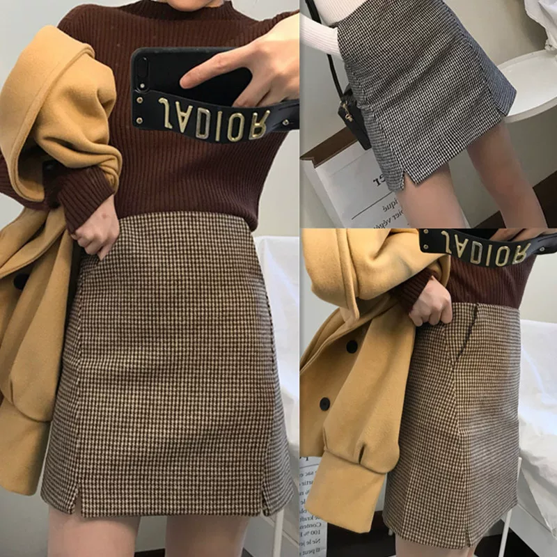 Váy kẻ sọc cỡ lớn Váy len thu đông dành cho phụ nữ cỡ lớn, váy chữ A thon gọn, váy ngắn xẻ tà cao cấp dành cho nữ