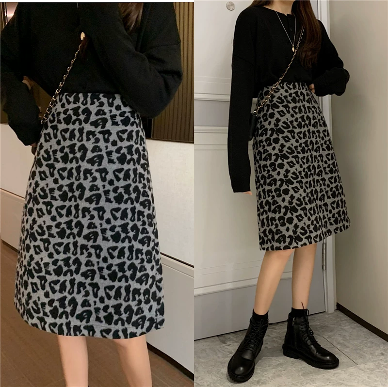 Váy họa tiết da báo cỡ lớn dành cho nữ, mùa thu đông, váy bút chì chữ A bằng len lưng cao, dài vừa phải, phù hợp với người có đùi rộng.