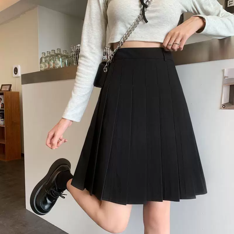 Váy xếp ly màu xám JK cạp cao dành cho nữ, váy midi màu cà phê cỡ lớn mùa thu đông, váy chữ A tôn dáng, váy ngắn màu đen.