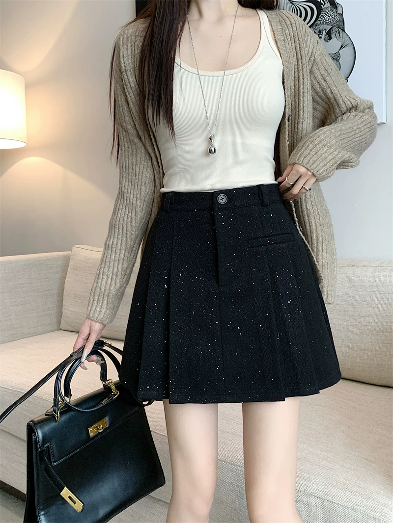 Váy xếp ly len dày bóng cỡ lớn dành cho nữ, mùa thu đông, váy ngắn chữ A đính sequin phong cách Chanel, váy nửa thân chống lộ.