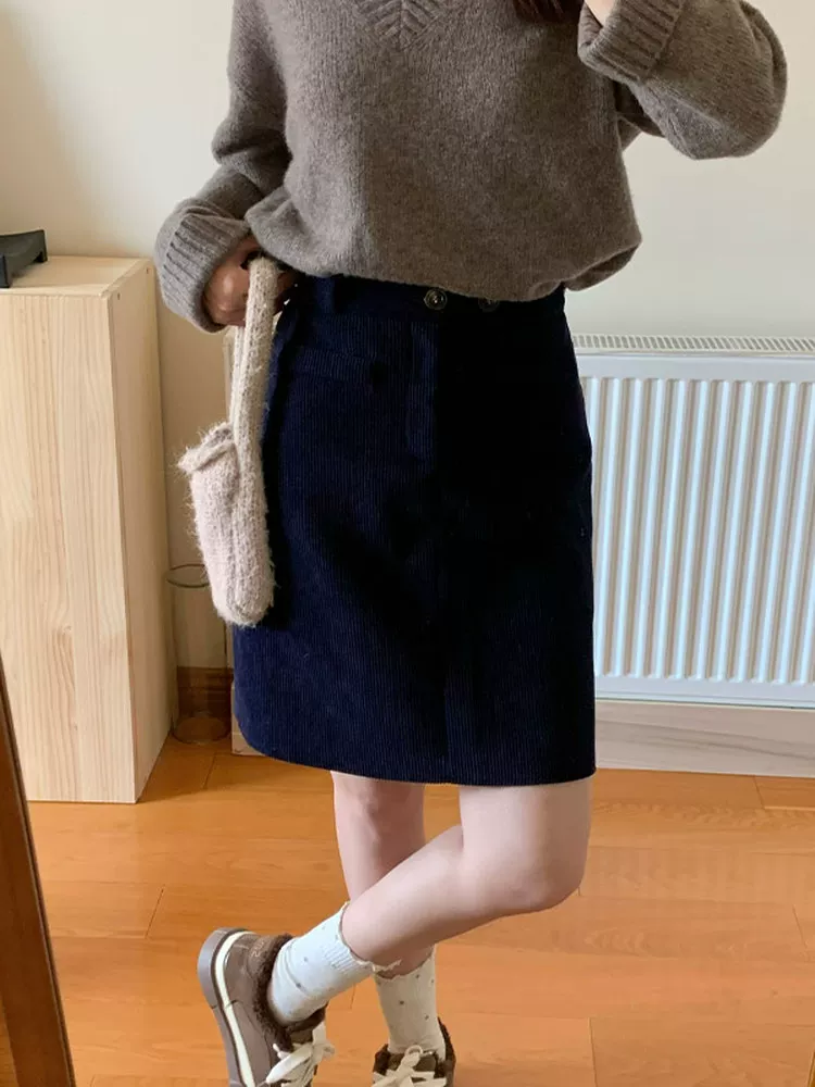 Váy nhung kẻ sọc xanh hải quân dành cho nữ, váy midi dáng chữ A mùa thu đông, cạp cao, cỡ lớn, tôn dáng, váy bút chì, váy ngắn.