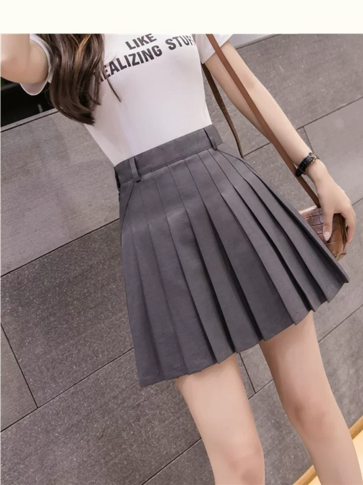 Váy xếp ly màu xám dành cho nữ, mùa hè, dáng nhỏ nhắn, lưng cao, tôn dáng, váy chữ A, váy thiết kế, váy ngắn kiểu JK.