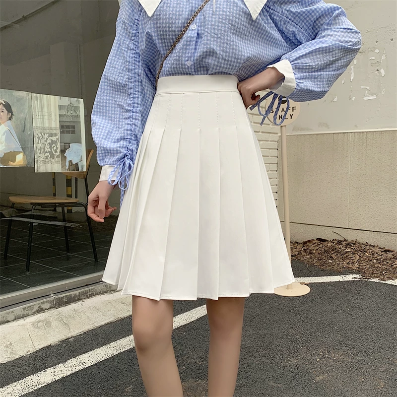 Váy xếp ly màu trắng cỡ lớn dành cho nữ, mùa xuân hè, váy midi chữ A cạp cao, tôn dáng, dáng dài, phong cách preppy, kiểu váy xòe.