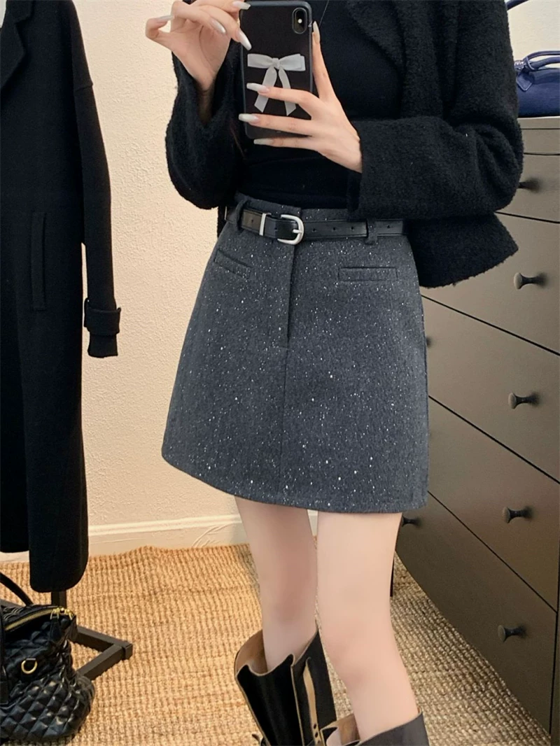 Váy len màu xám sáng bóng dành cho nữ, mùa thu đông, cỡ lớn, lưng cao, dáng nhỏ nhắn, váy ngắn đính sequin, váy bút chì dáng chữ A tôn dáng.