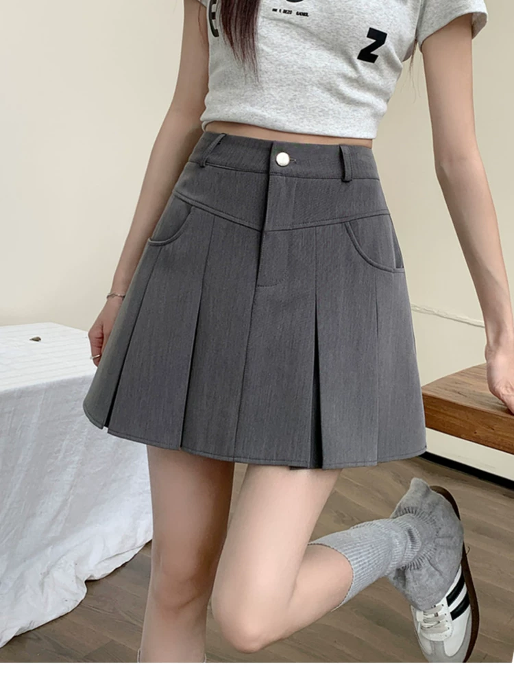 Váy xếp ly màu xám dành cho nữ, váy ngắn cạp cao, dáng ôm, thiết kế độc đáo, phong cách học sinh, kiểu dáng chữ A, size lớn, mùa hè.