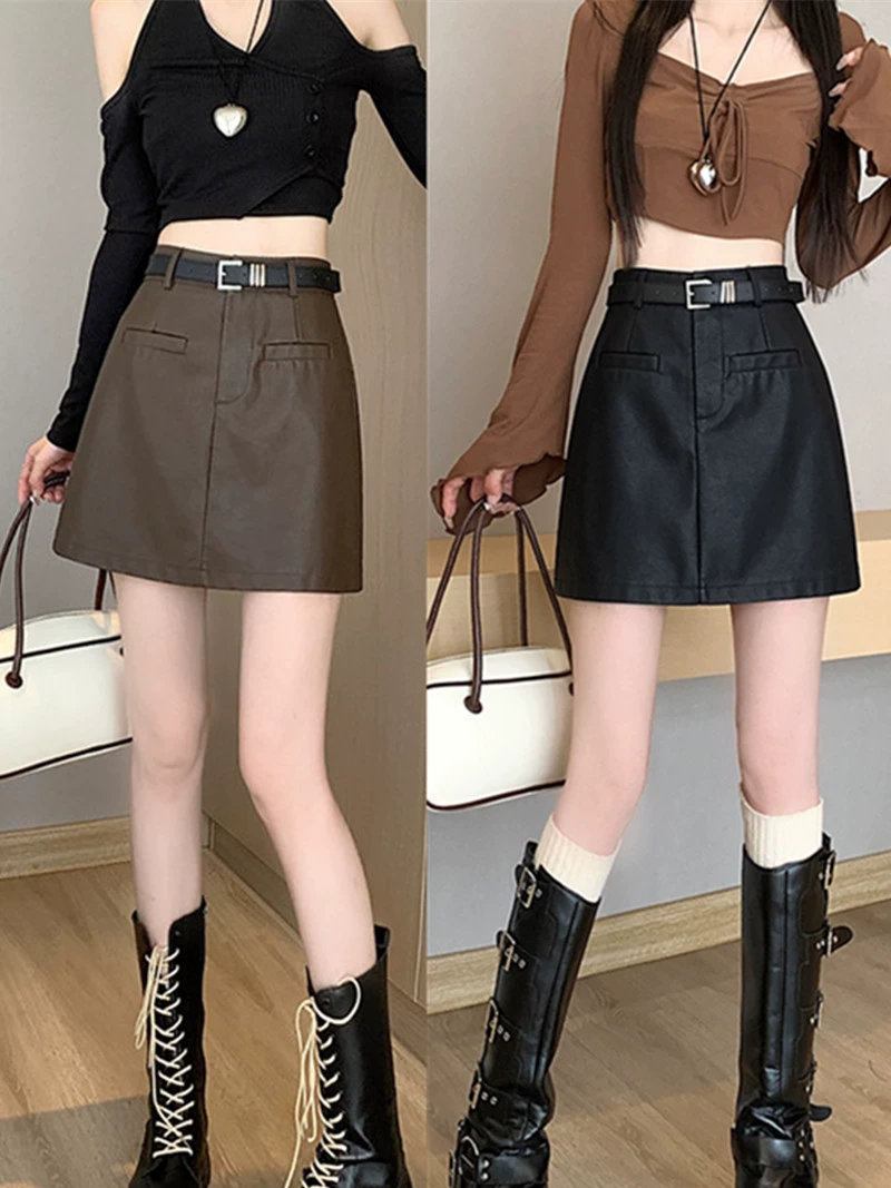 Váy da PU màu cà phê cỡ lớn, váy ngắn chữ A lưng cao dành cho nữ, váy ôm hông tôn dáng cho mùa thu đông.