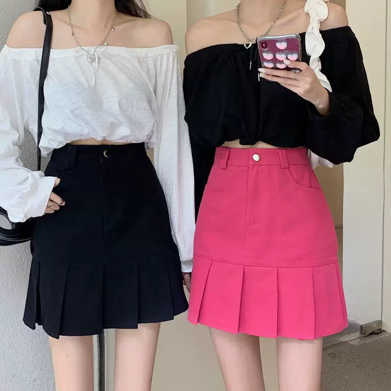 Váy denim xếp ly màu đỏ hồng lưng cao dành cho nữ, phong cách Hàn Quốc mùa thu, cỡ lớn, váy ngắn chữ A tôn dáng, váy ôm sát nửa thân.