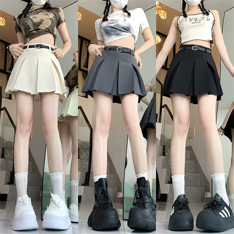 Váy xếp ly màu xám cỡ lớn, váy ngắn lưng cao đa năng mùa xuân hè dành cho nữ, váy ôm sát màu trơn, váy chữ A chống lộ.
