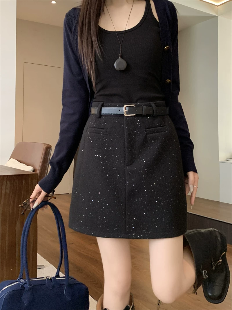 Váy len màu xám sáng bóng dành cho nữ, mùa thu đông, cỡ lớn, lưng cao, dáng nhỏ nhắn, váy ngắn đính sequin, váy bút chì dáng chữ A tôn dáng.