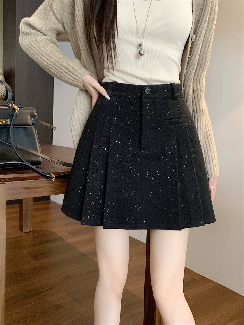 Váy xếp ly len dày bóng cỡ lớn dành cho nữ, mùa thu đông, váy ngắn chữ A đính sequin phong cách Chanel, váy nửa thân chống lộ.