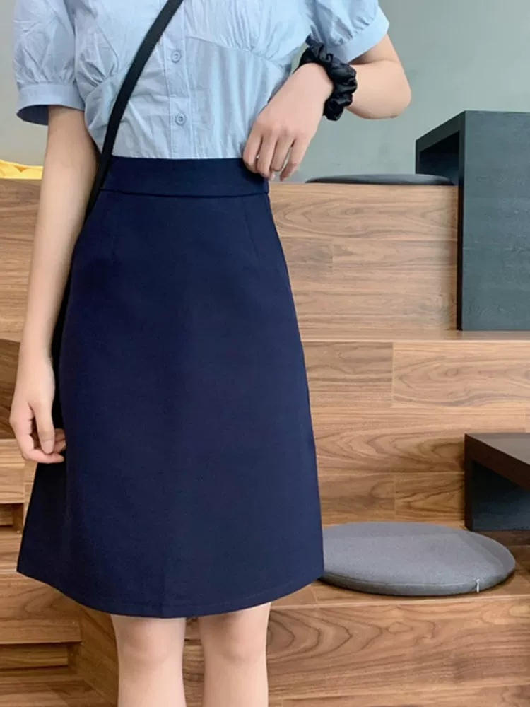 Váy màu xanh hải quân dành cho nữ, cỡ lớn, cạp cao, váy midi che hông, váy bút chì, váy công sở chữ A mùa hè.
